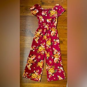 Off-shoulder Jump-suit. Burgundy, floral print.